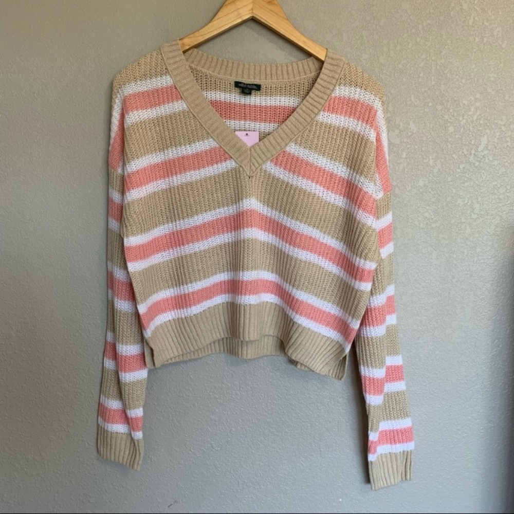 Wild Fable Lightweight Cropped Sweater Size Medium Tan Pink White NWT